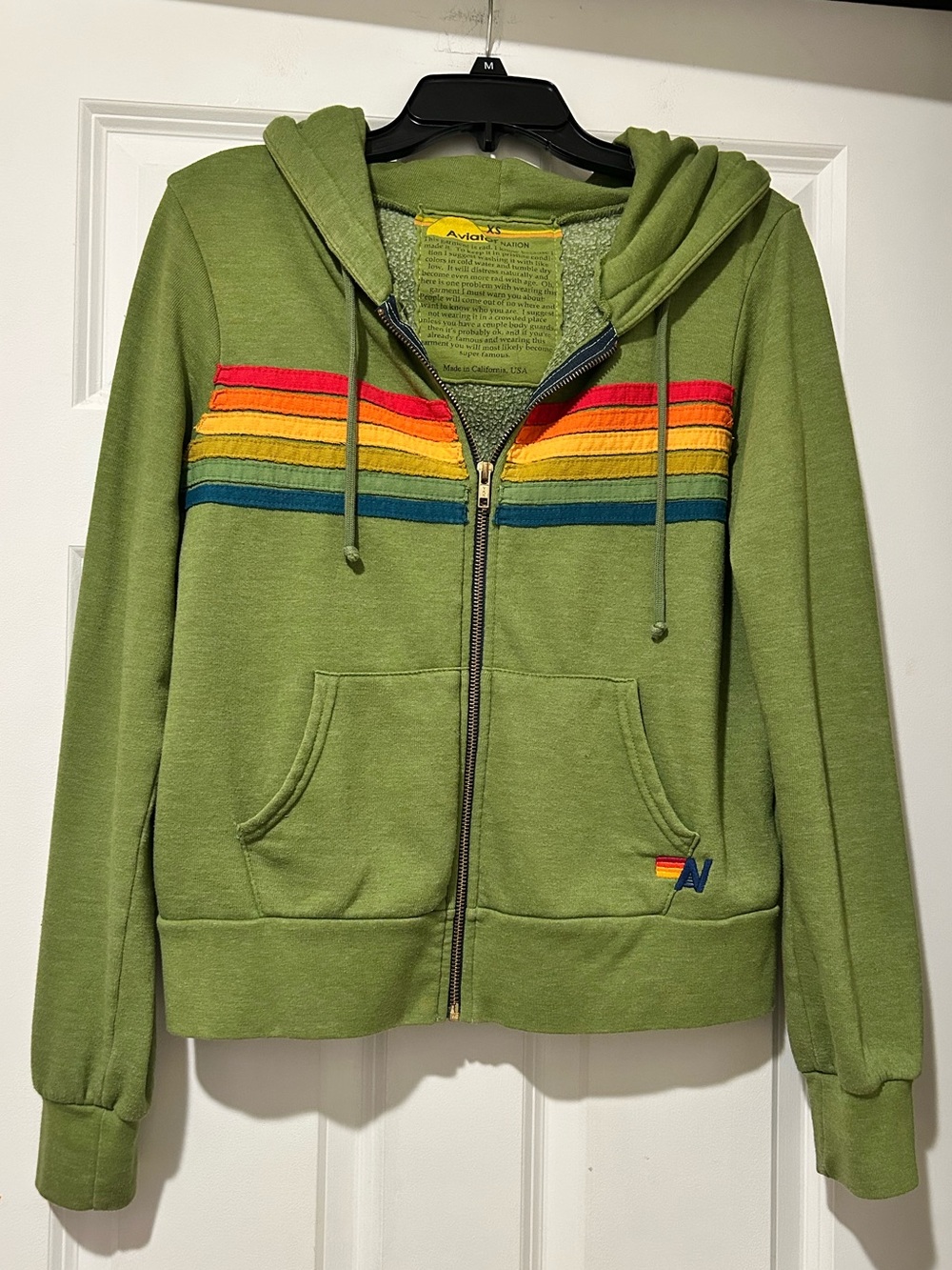 Aviator Nation Classic 5 Stripe Rainbow Zip Hoodie in Green